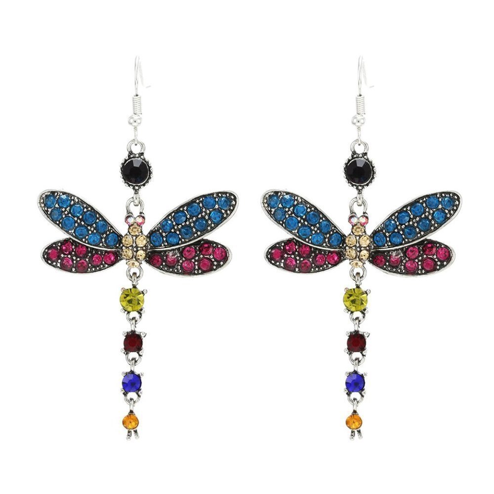 Multi Color Dragonfly Crystal Rhinestone Silver Plated Hook Earrings, V…
